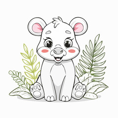 Cute Cartoon Bear Cub Sitting Among Green Ferns with Big Eyes Illustration © Lisgi