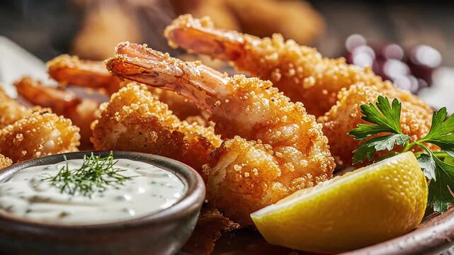 Crispy golden fried shrimp with creamy dill sauce and lemon wedge garnish