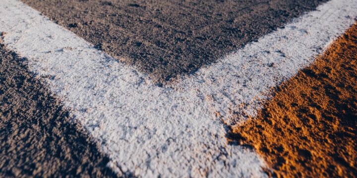 Close Up of White Boundary Line on Professional Baseball Field Dirt with Copy Space, Concept of Sports Officiating, Game Rules, and Outdoor Stadium Play
