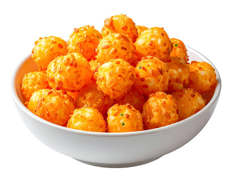 Bowl filled with savory orange cheese puff balls appetizer snack food on a white surface delicious crunchy and tempting