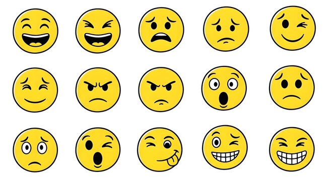 Collection of yellow cartoon smiley faces displaying a variety of emotions, from happiness and laughter to anger and surprise, perfect for digital communication and design