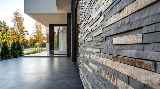 Contemporary building entrance with elegant stone cladding and modern walkway high resolution picture