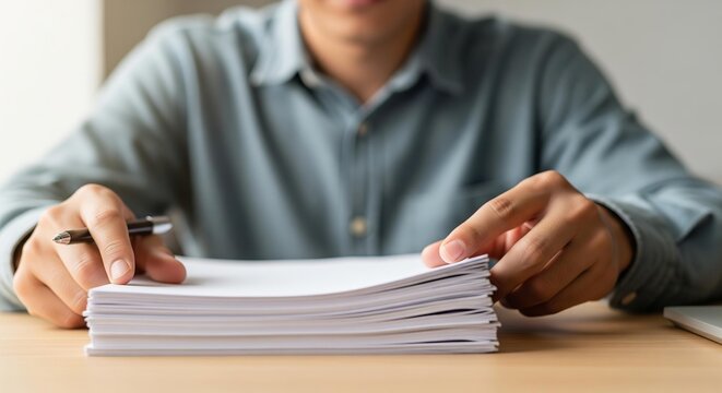 Man's hands holding a pen over a stack of documents on a desk