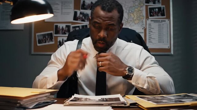 Detective examines crime scene photos at his desk, reviewing evidence for investigation