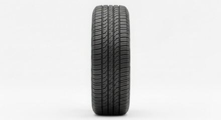 Brand New Black Rubber Car Tire with Detailed Tread Pattern, Isolated Vertically on a Clean White Background
