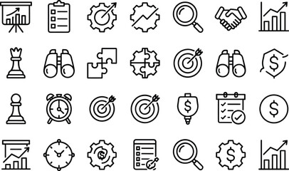 Black business strategy productivity icons set, chart checklist gear magnifying glass handshake chess target dollar coin clock analysis planning © MD
