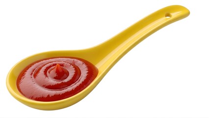 A yellow spoon filled with red ketchup on transparent background
