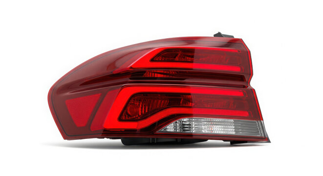 Contemporary Vehicle Red Taillight Unit with Distinctive LED Light Bars and Clear Reverse Light, Isolated on White