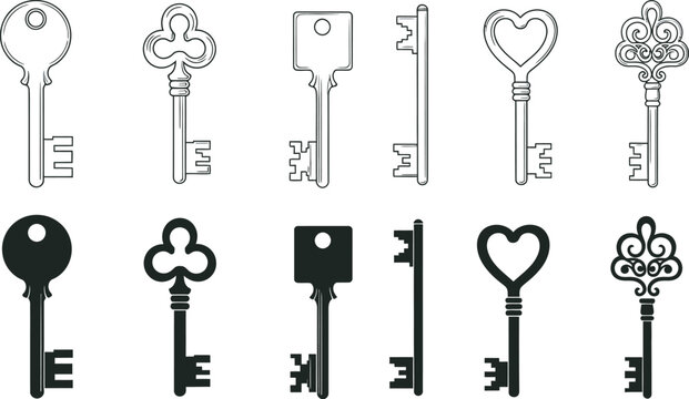 Collection of various antique keys with unique designs and shapes