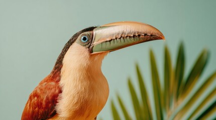 Fototapeta premium Profile Portrait of a Toucan Bird with a Sage Green Beak and Blue Eye in a Tropical Setting ideal for Wildlife Branding and Natural History Educational Design