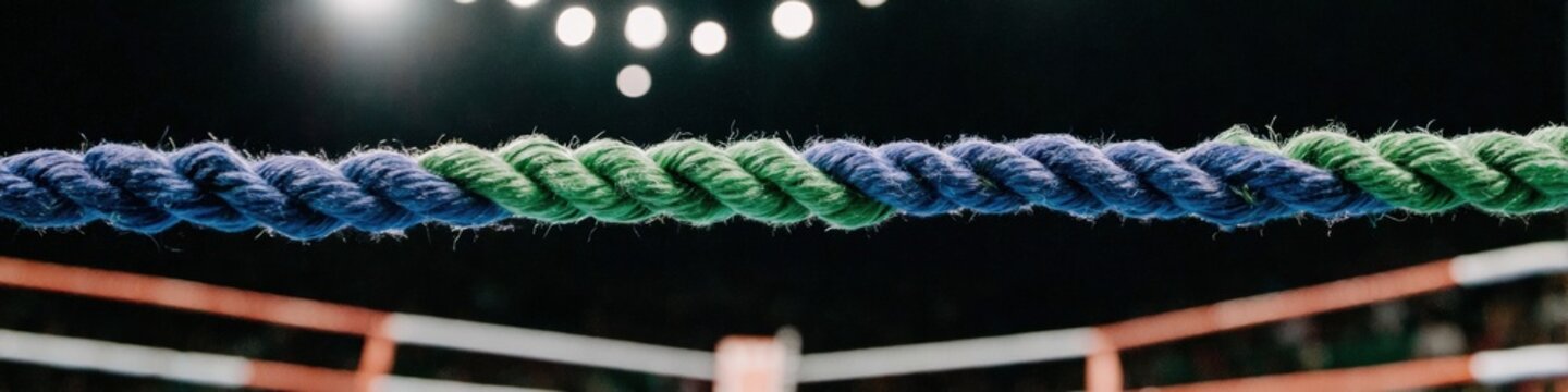 Boxing ring ropes in blue and green closeup in an empty arena stage with blurred spotlights prepared for a professional match or fight commercial background