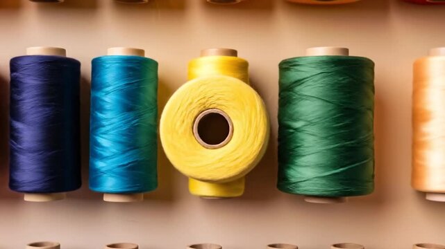 Colorful spools of thread arranged in neat rows, perfect for crafting and sewing projects on a neutral background.