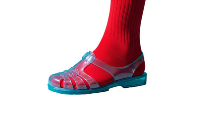 A person's leg wearing a red sock and a clear plastic sandal with a blue sole on transparent background