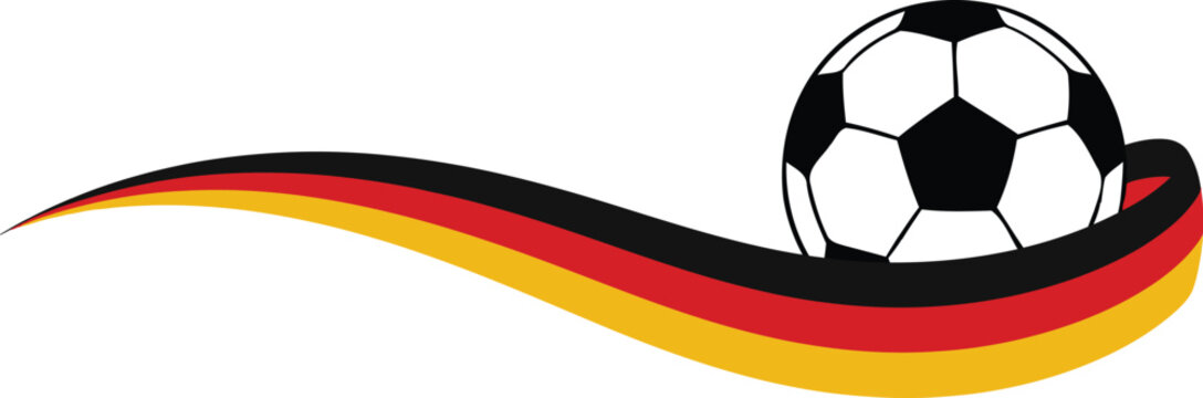 Dynamic sports graphic of a classic football and a smooth wavy swoosh line in the national flag colors of Germany, isolated on a transparent vector background