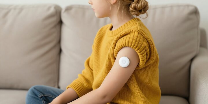 Young girl wearing a medical sensor patch on her arm, a symbol of modern health monitoring and technology for well-being