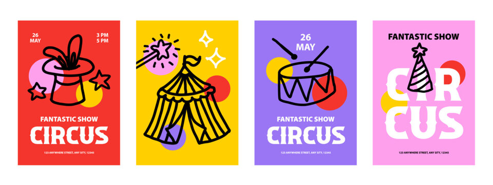 Circus poster set with tent, drum, , magic hat, jester's cap. Kids event design. Cirque performance, funny carnival, party banners. Hand drawn doodle vector illustration.