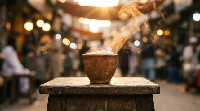 Pakistani chai karak in clay cup, steam rising, macro view