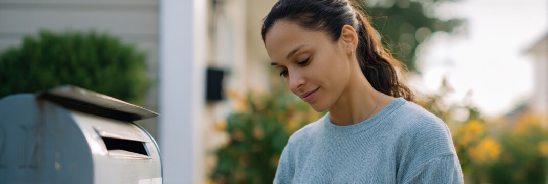 Young hispanic female checking mailbox outdoors on a sunny day