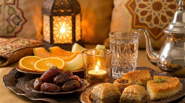 Ramadan iftar items on ornate tray, candlelight, soft glow