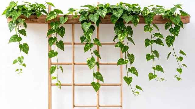 Green heart-shaped leaves of a climbing plant cascading down a wooden trellis against a white background.