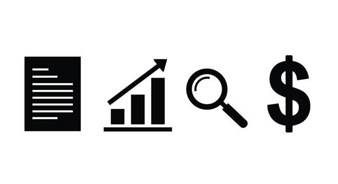 Four black business icons, including a document, a rising bar chart, a magnifying glass, and a dollar sign, are aligned horizontally on a light grey background.