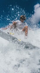 Athletic Surfer Catching Air on a Tropical Blue Wave performing extreme water sports maneuvers for summer lifestyle advertising with vibrant aqua ocean spray
