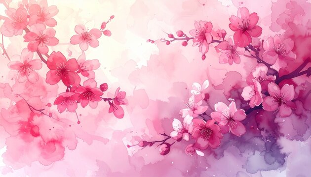 Watercolor Floral Branch with Pink Blossoms on Abstract Washy Background