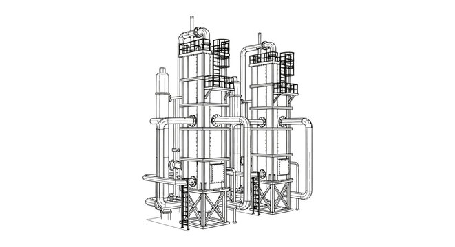 Detailed line drawing of an industrial distillation column complex with connected piping systems high quality professional