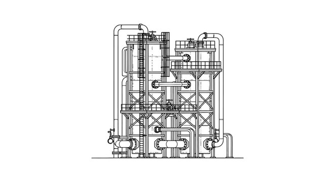 Detailed blueprint of an industrial distillation column with complex piping and structural supports high quality professional