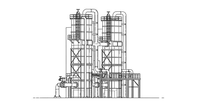 Detailed blueprint illustration of a large industrial distillation column or processing tower structure high quality professional