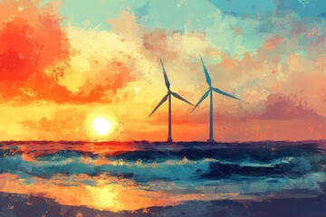 Impressionist Wind Turbines at Coastal Sunset