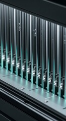Fototapeta premium Row of glowing blue laser beams emitting from modern server rack