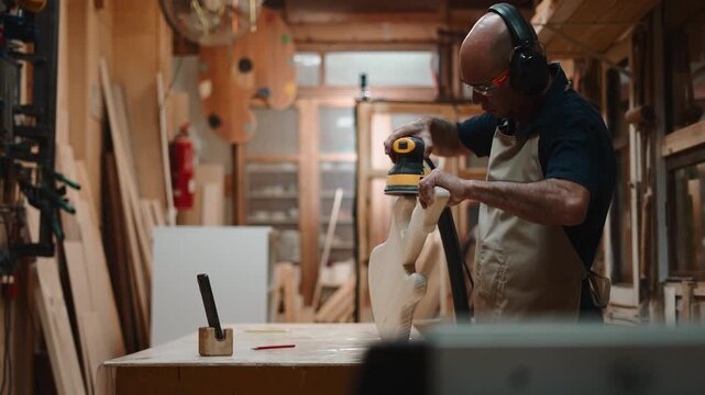 Luthier sanding a guitar body with a power sander in his woodworking workshop