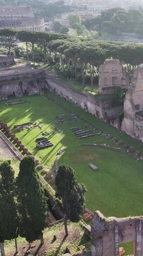 Archaeological Park At Rome In Lazio Italy. Medieval Buildings. Downtown District. Archaeological Park At Rome In Lazio Italy. Sunset Archaeological Excavation. Cultural Heritage. Rome Skyline.