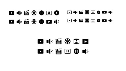 Collection of icons depicting media control and audio-visual functions in black and white isolated on transparent background