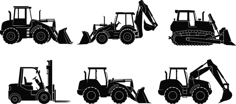 Excavator, Bulldozer, Forklift, Loader, Silhouette, Construction, Machinery, Industry, Vector, Transport, Equipment, Tractor, Industrial, Earthmover, Digging,