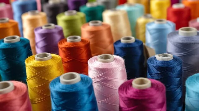 Close-up of colorful sewing threads arranged in a pattern, perfect for crafting and textile projects.