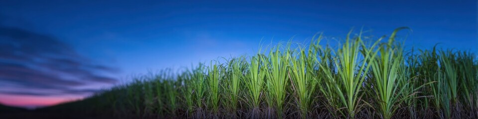 Sugarcane stalks growing in a lush agricultural plantation at sunset for bioenergy production and food industry background with copy space under a vibrant twilight sky