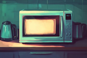 Digital painting of a glowing microwave oven in a kitchen