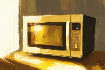 Digital painting of a glowing microwave oven in a warmly lit kitchen