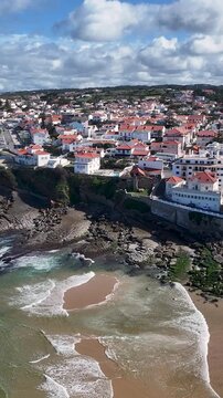 Macas Beach At Sintra In District Of Lisbon Portugal. Beach Skyline. Nature Landscape. Summer Travel. Macas Beach At Sintra In District Of Lisbon Portugal. Tropical Scenery.