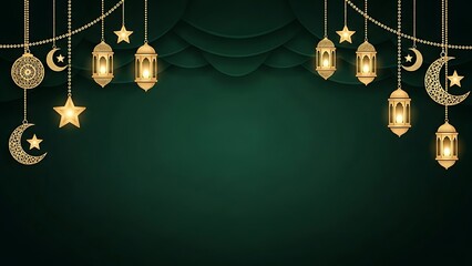 Elegant golden lanterns and stars against a dark green background
