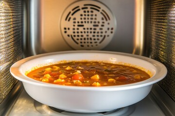 Bowl of soup reheating inside a microwave oven