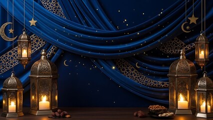 Elegant lanterns and celestial decorations against dark blue fabric background