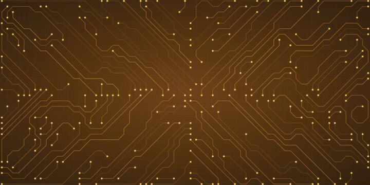 Warm golden circuit board pattern with bright yellow nodes on a rich brown textured background symbolizing energy flow and technological infrastructure
