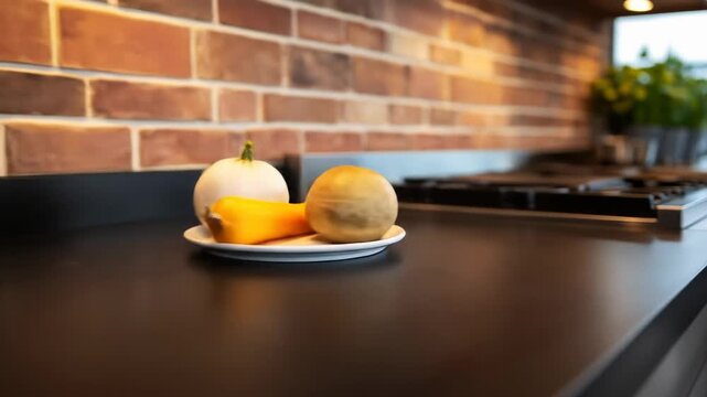 Stylish kitchen countertop featuring a stainless steel stove, brick wall, and various decorative items