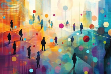 Abstract Digital Painting of Connected People in a Vibrant Community Hub