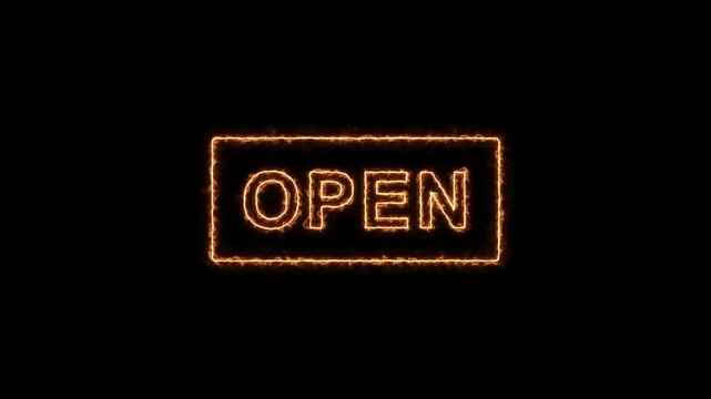 Glowing Neon Open Sign on Black Background with Flame Effect glowing neon sign neon text