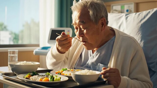Elderly Asian man happily eating healthy meal in hospital bed, recovery and care concept