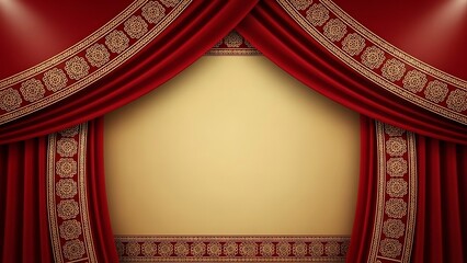 Elegant red stage curtain background with gold trim and copy space